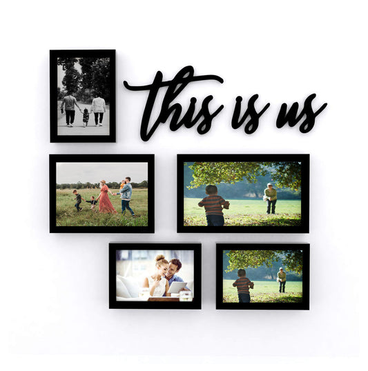 FRAME RANG Set of 5 Black Photo Frames (1 – 6x10 Inch, 1 – 6x8 Inch, 3 – 5x7 Inch) with “This Is Us” MDF Cutout | Wall Photo Frame Set for Family Gallery Wall