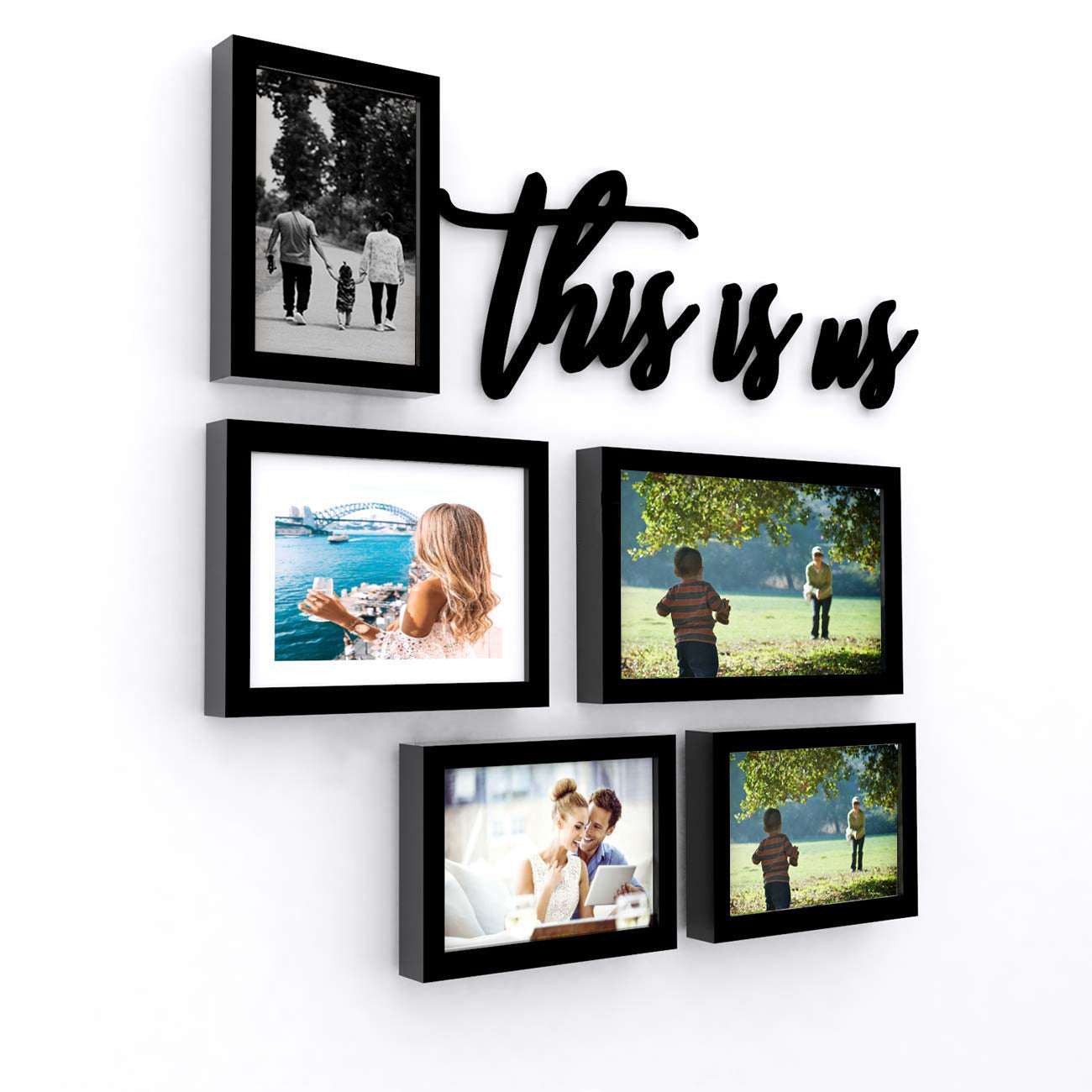 FRAME RANG Set of 5 Black Photo Frames (1 – 6x10 Inch, 1 – 6x8 Inch, 3 – 5x7 Inch) with “This Is Us” MDF Cutout | Wall Photo Frame Set for Family Gallery Wall