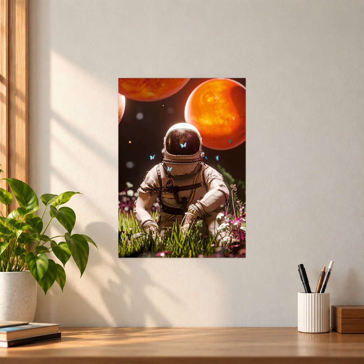 Artistic Astronaut & Flowers Poster | Artistic Space Wall Art
