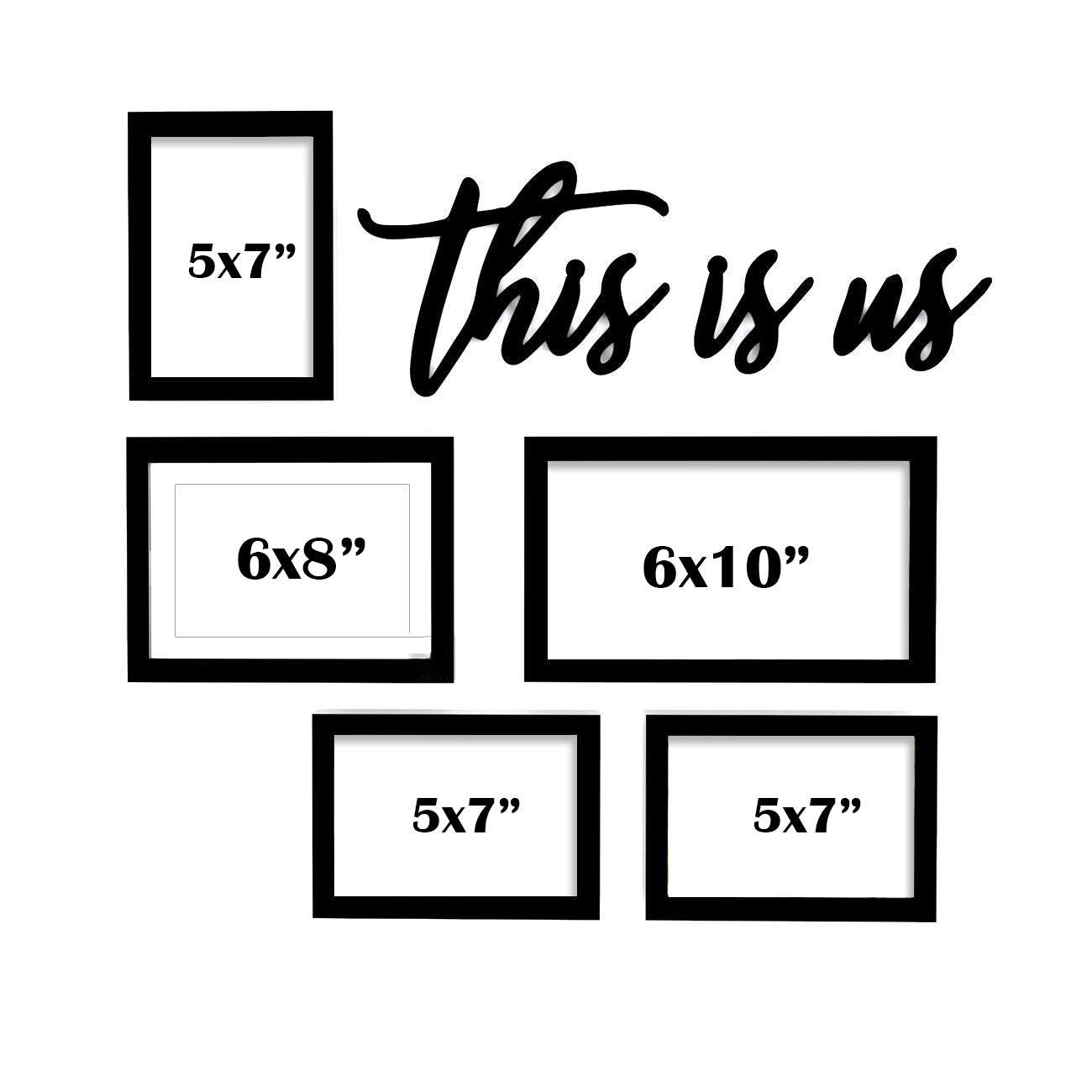 FRAME RANG Set of 5 Black Photo Frames (1 – 6x10 Inch, 1 – 6x8 Inch, 3 – 5x7 Inch) with “This Is Us” MDF Cutout | Wall Photo Frame Set for Family Gallery Wall