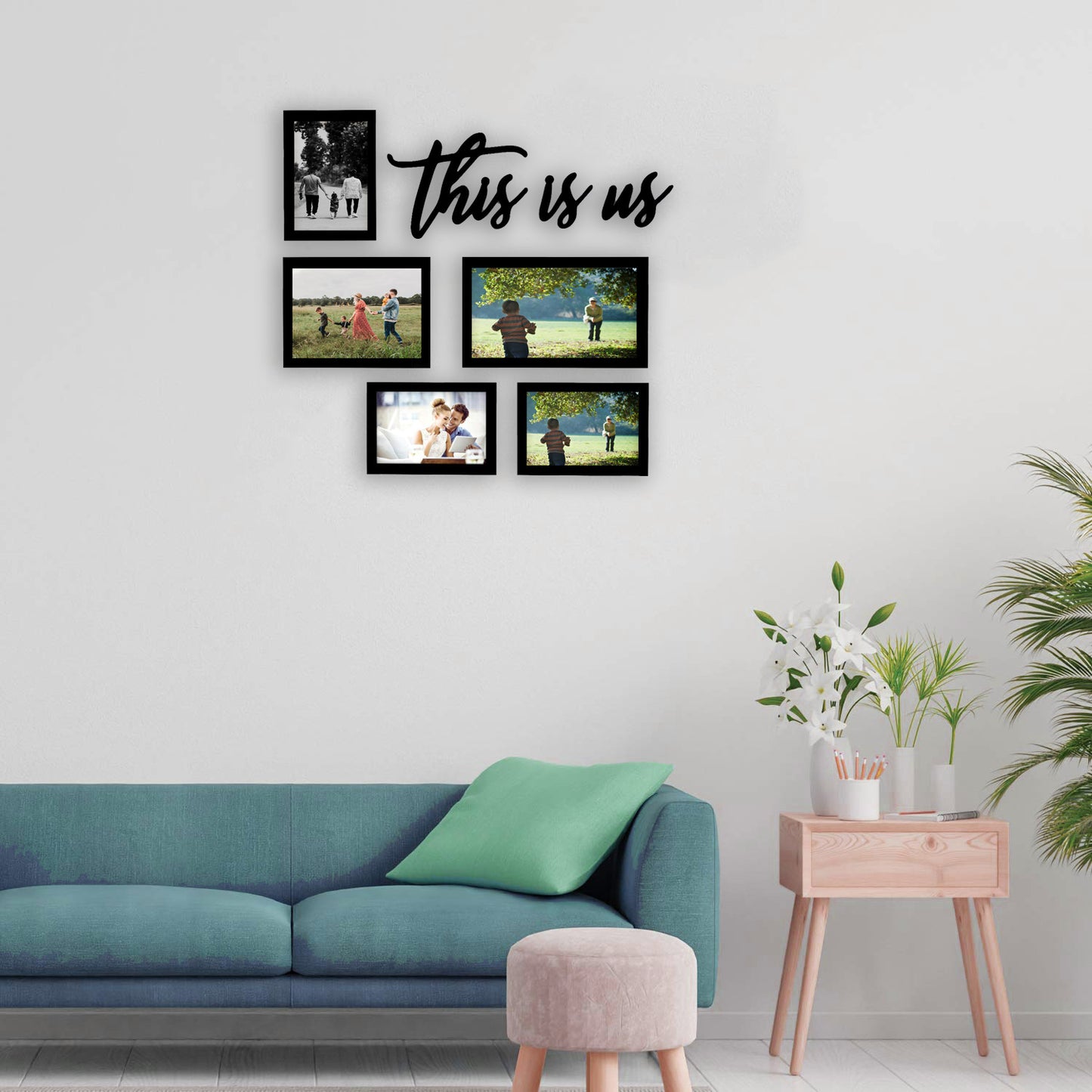 FRAME RANG Set of 5 Black Photo Frames (1 – 6x10 Inch, 1 – 6x8 Inch, 3 – 5x7 Inch) with “This Is Us” MDF Cutout | Wall Photo Frame Set for Family Gallery Wall