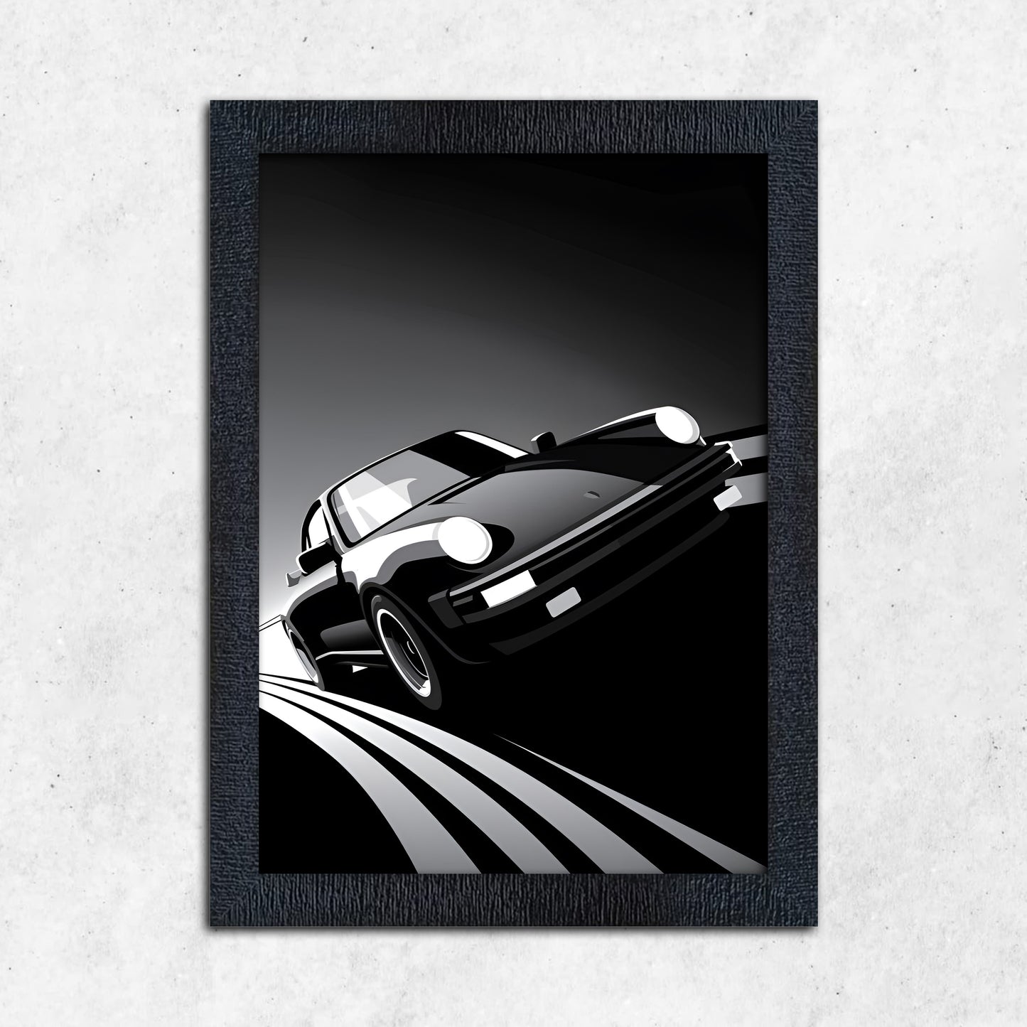 FRAME RANG Textured Black Frame with Porsche Car Poster (Black & White, A4/A3 Size)