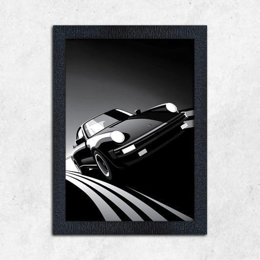 FRAME RANG Textured Black Frame with Porsche Car Poster (Black & White, A4/A3 Size)